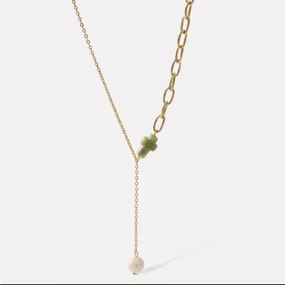 Jade cross freshwater pearl lariat y chain necklace